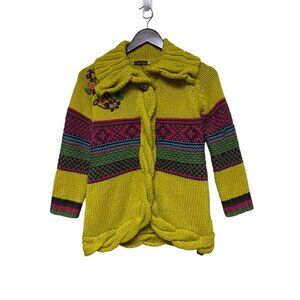 Catimini Embroidered Floral Yellow Chunky Knit Cardigan Sweater Girls Size 8